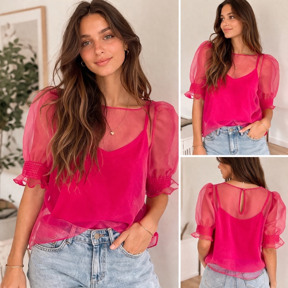 Anthro House of Harlow 1960 Pink Sheer Organza Puff Sleeve Blouse XS Y2K